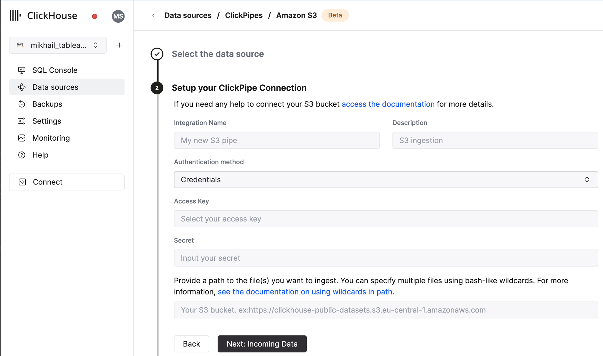 Fill out connection details - Zoomed