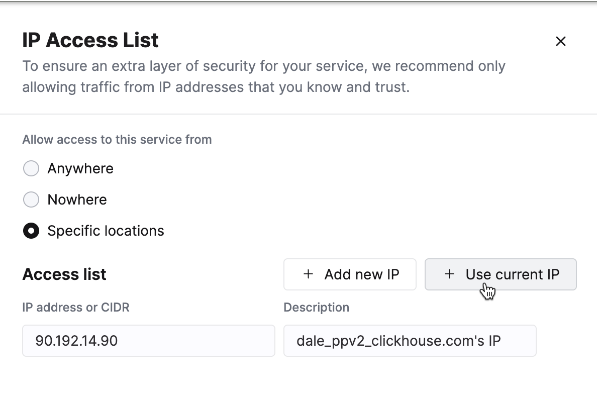 Add your current IP address to the IP Access List in ClickHouse Cloud - Zoomed