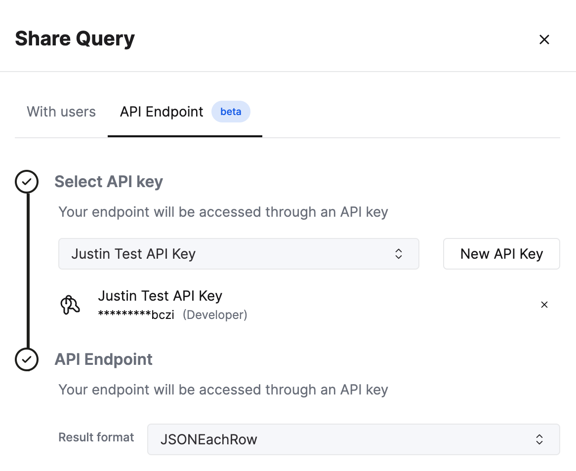 ClickHouse Cloud interface showing Query Endpoints configuration with output format options - Zoomed